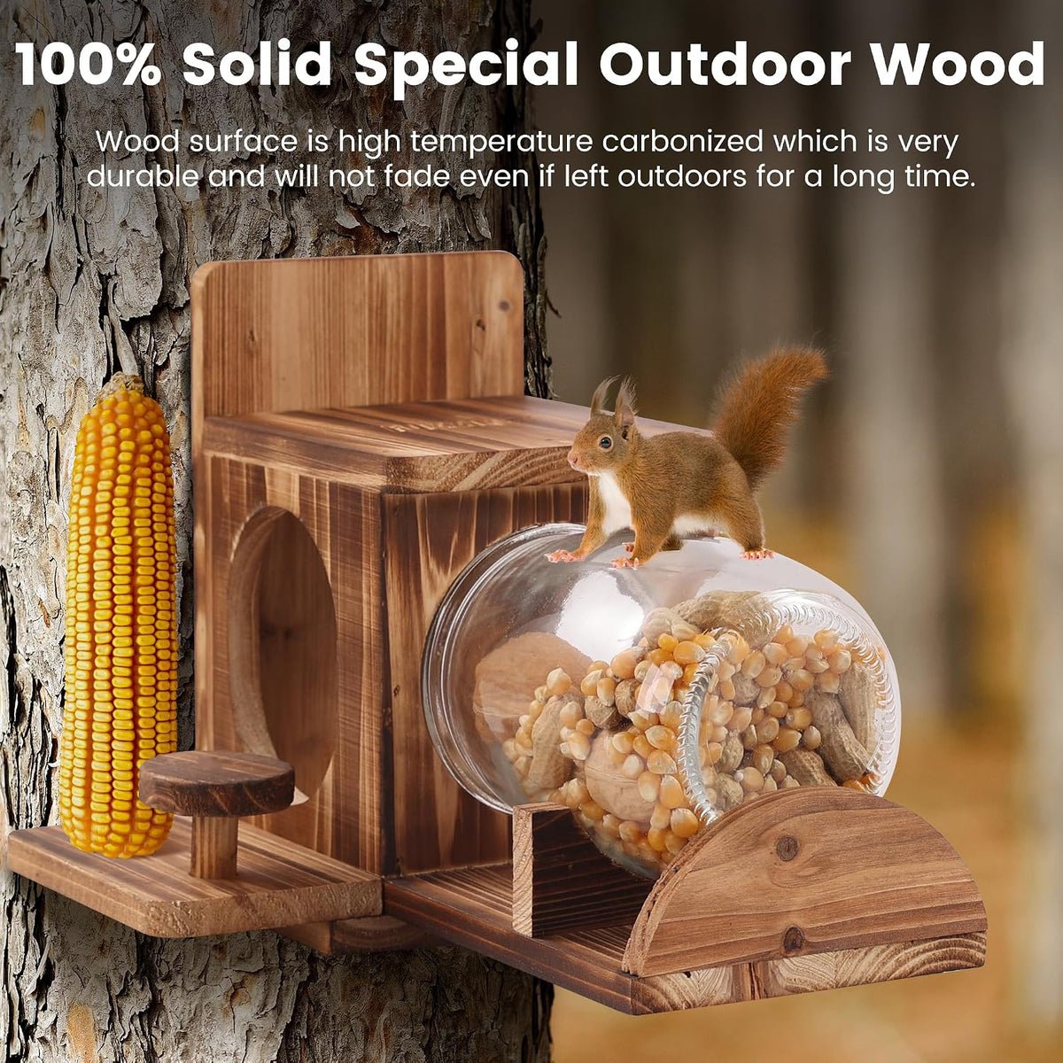 Squirrel Feeder, Wood Squirrel House, Squirrel Feeders for Outside Garden Tree, Chipmunk Feeder for Corn Peanuts