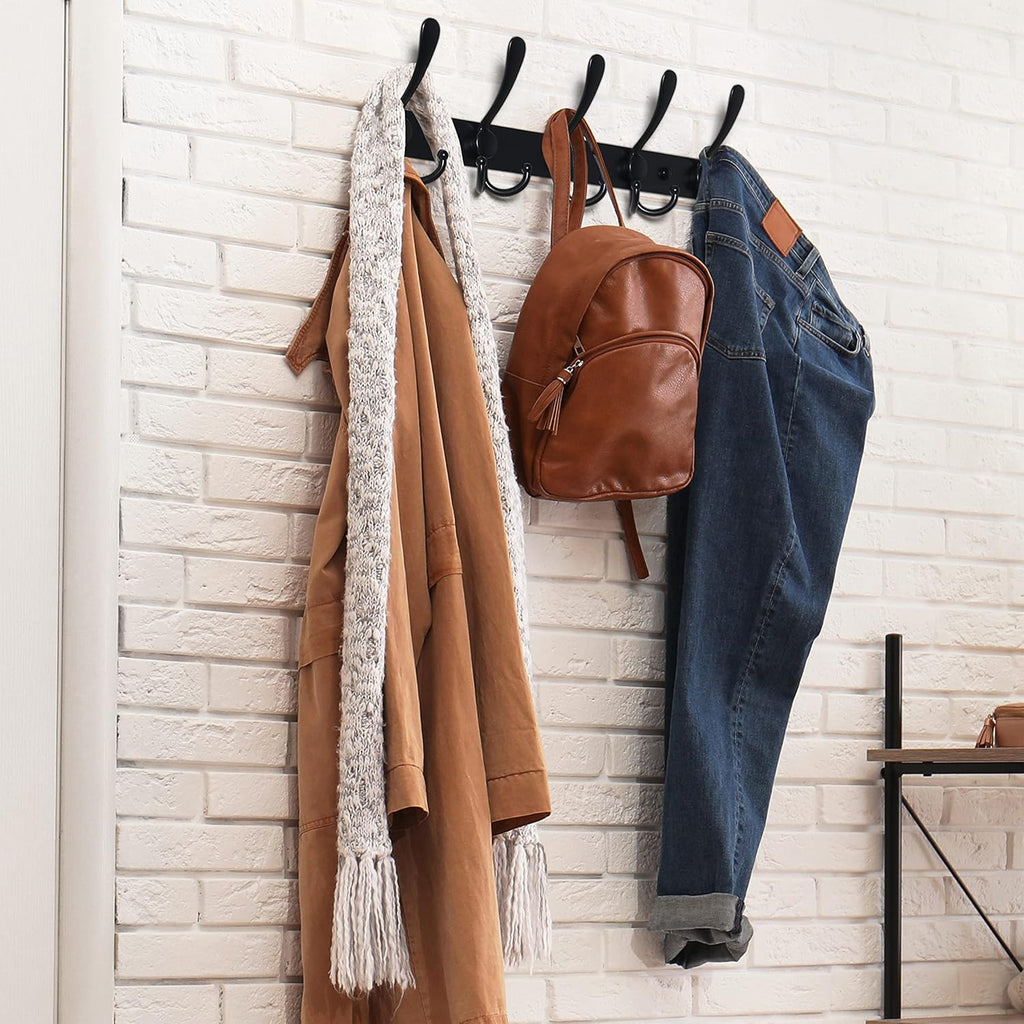 Coat Rack Wall Mounted - 5 Tri Hooks, Heavy Duty, Stainless Steel, Metal Coat Hook Rail for Coat Hat Towel Purse