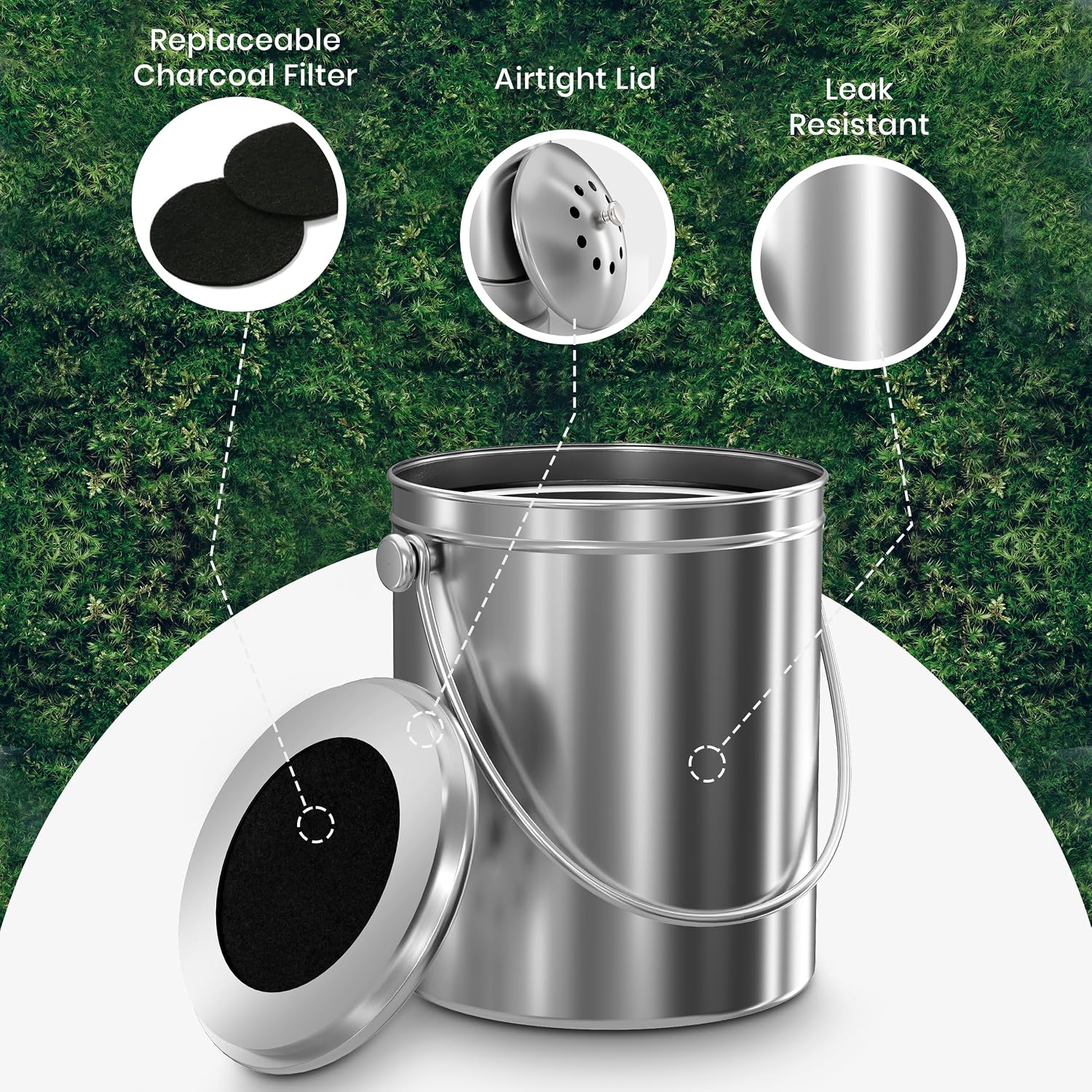 Countertop Compost Bin 1.3 Gallon, Stainless Steel, Silver | Odorless countertop compost bin with charcoal filter