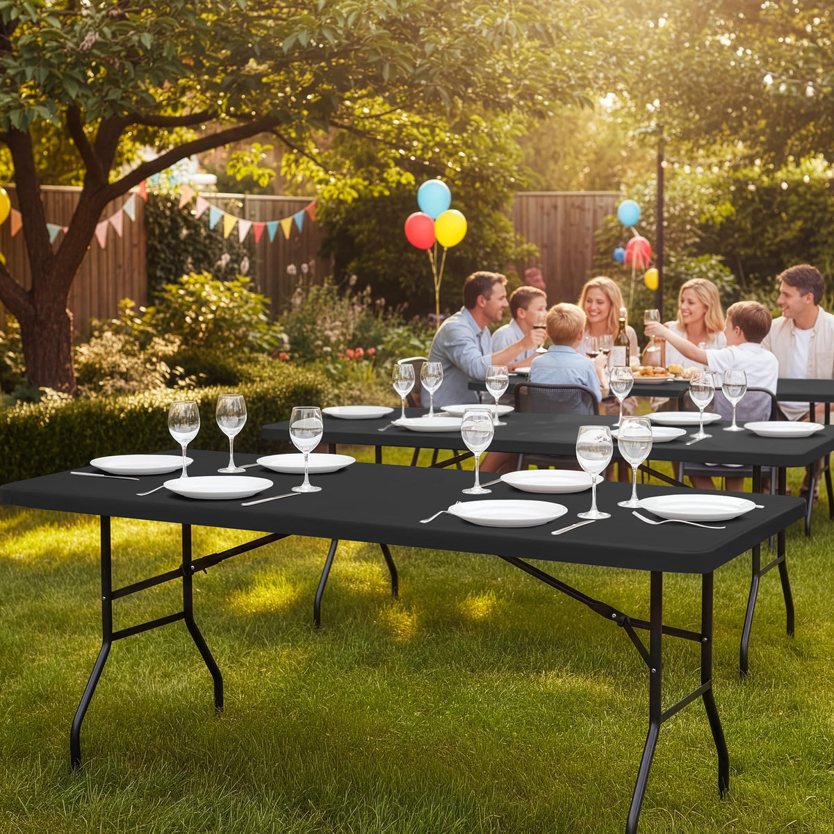 6ft Fitted Tablecloth Rectangle 6-Pack, Black Elastic Table Cover