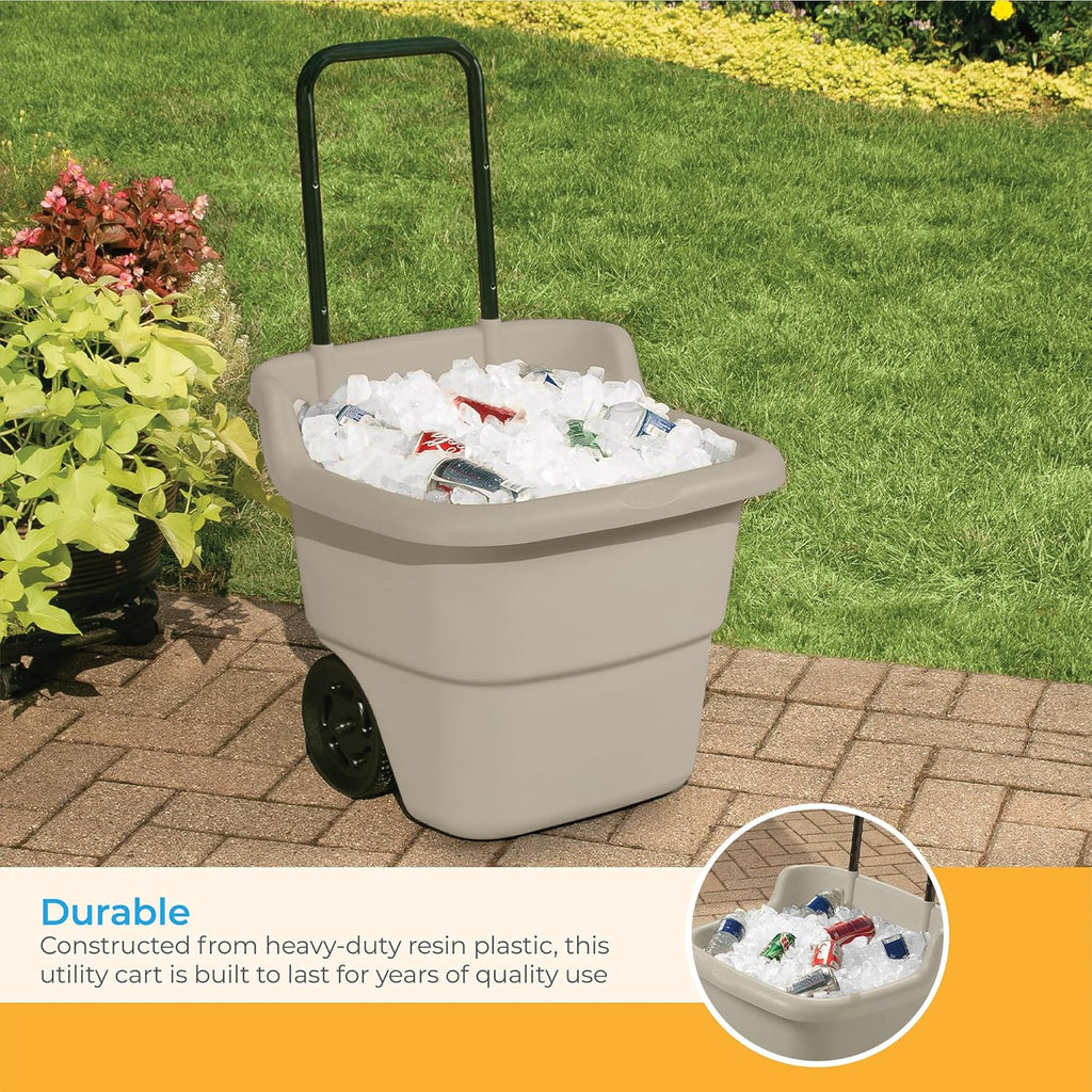 Garden Cart on Wheels, Taupe 15.5-Gallon Resin Outdoor Utility Yard Cart for Seniors, Lightweight 2 Wheel Wheelbarrow