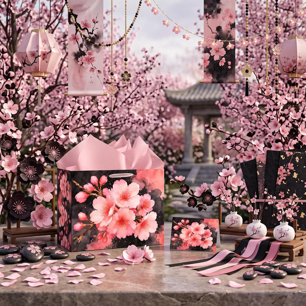 Cherry Blossom Gift Bag with 3 Pink Tissue Paper & Greeting Card