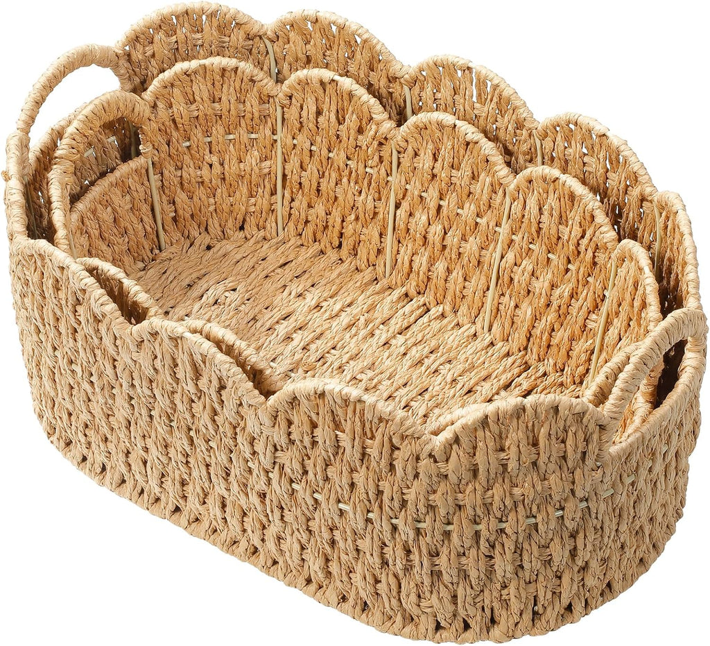 Paper Rope Scalloped Basket Set of 2,Woven Storage Baskets for Shelves,Laundry,Towels,Clothes,Books,Toys,Cute Decor