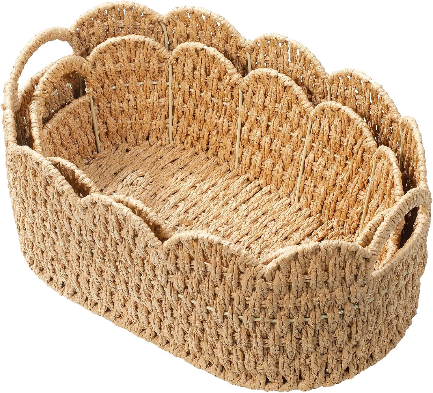 Paper Rope Scalloped Basket Set of 2,Woven Storage Baskets for Shelves,Laundry,Towels,Clothes,Books,Toys,Cute Decor