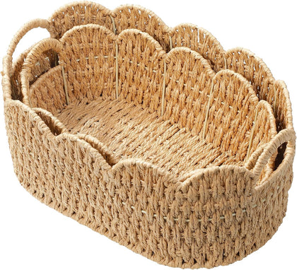 Paper Rope Scalloped Basket Set of 2,Woven Storage Baskets for Shelves,Laundry,Towels,Clothes,Books,Toys,Cute Decor