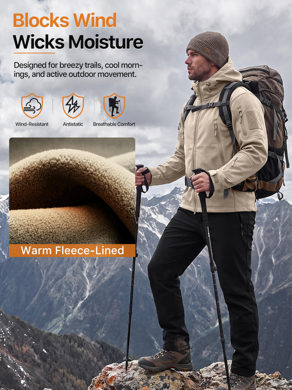 Men's Hooded Waterproof Rain Fleece Lined Softshell Jacket(Khaki,3XL)