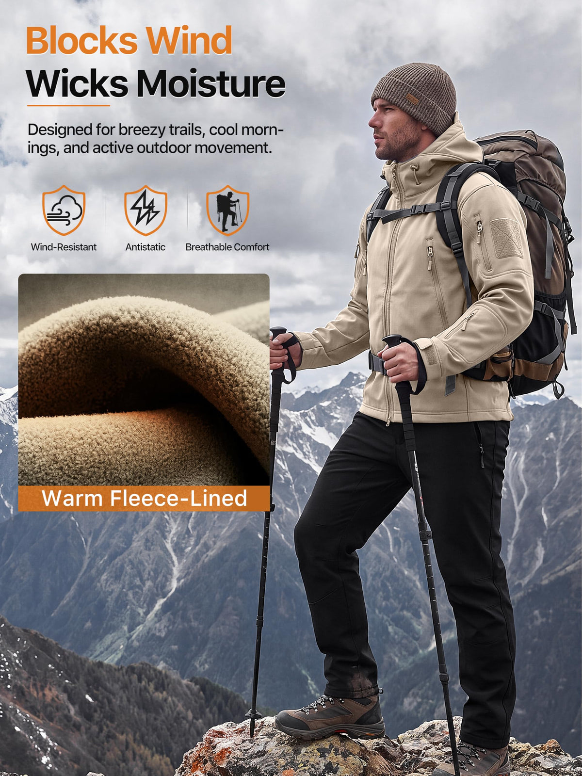 Men's Hooded Waterproof Rain Fleece Lined Softshell Jacket(Khaki,3XL)