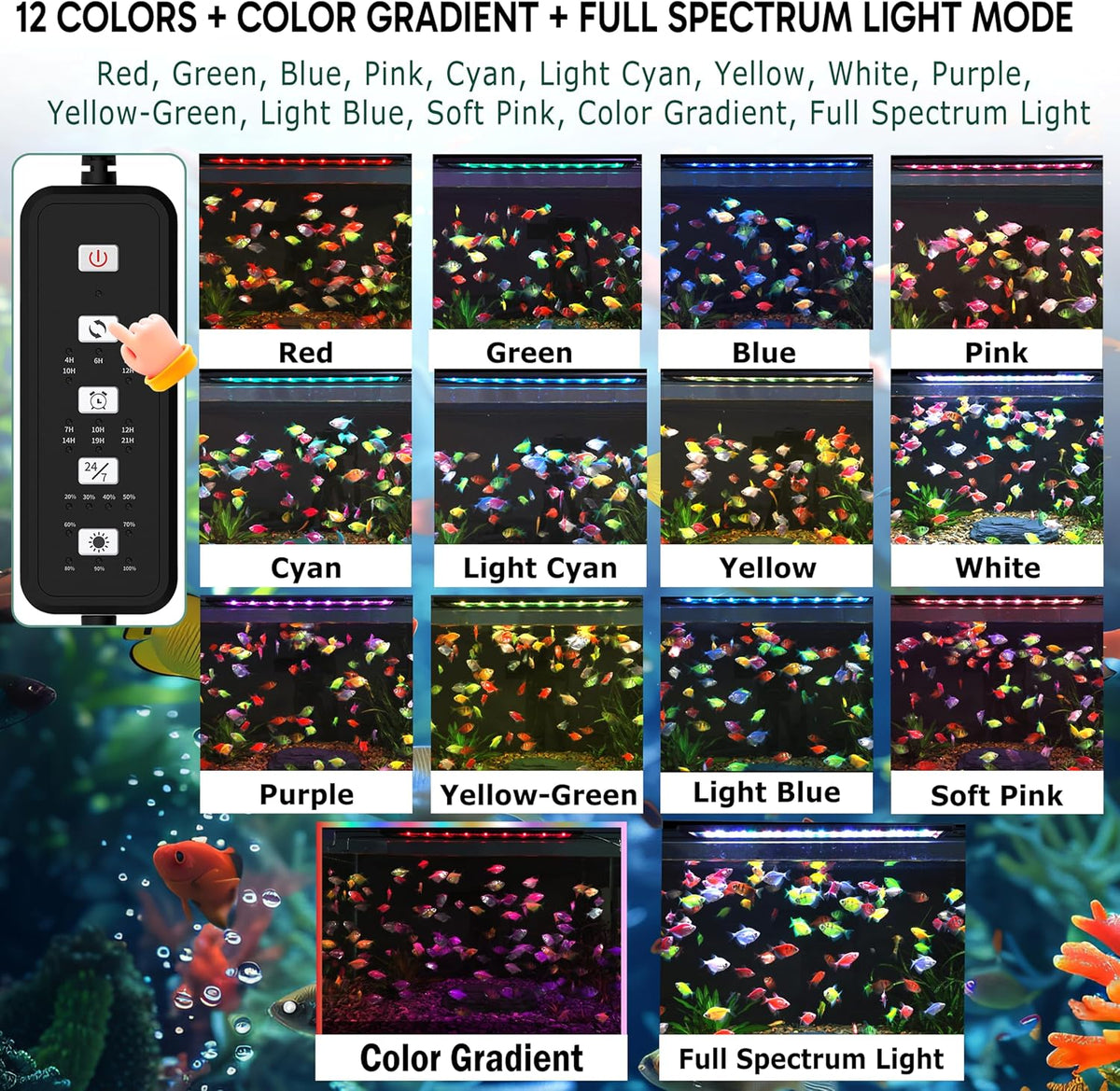 24/7 LED Aquarium Light for 30-36 Inch Plant & Fish Tank IP68, 12-Color & Gradient & Full Spectrum with