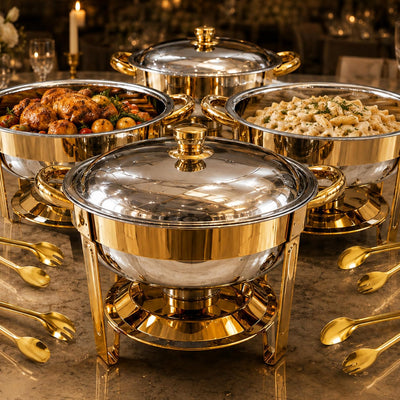 Chafing Dishes for Buffet, 4 Pack 7QT Round Gold, Pre-Assembled Stands