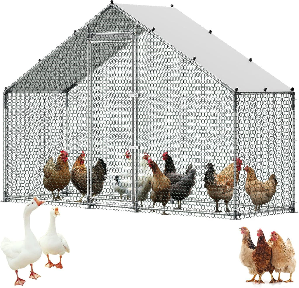 Large Metal Chicken Coop,9.8 x 3.3 x 6.6 ft, Walk-in Chicken Run House with Waterproof Cover & Sturdy Frame, Spire