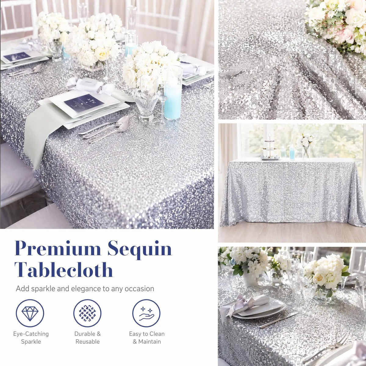 Silver Sequin Tablecloth 50x72, Sparkly Glitter for Wedding Party