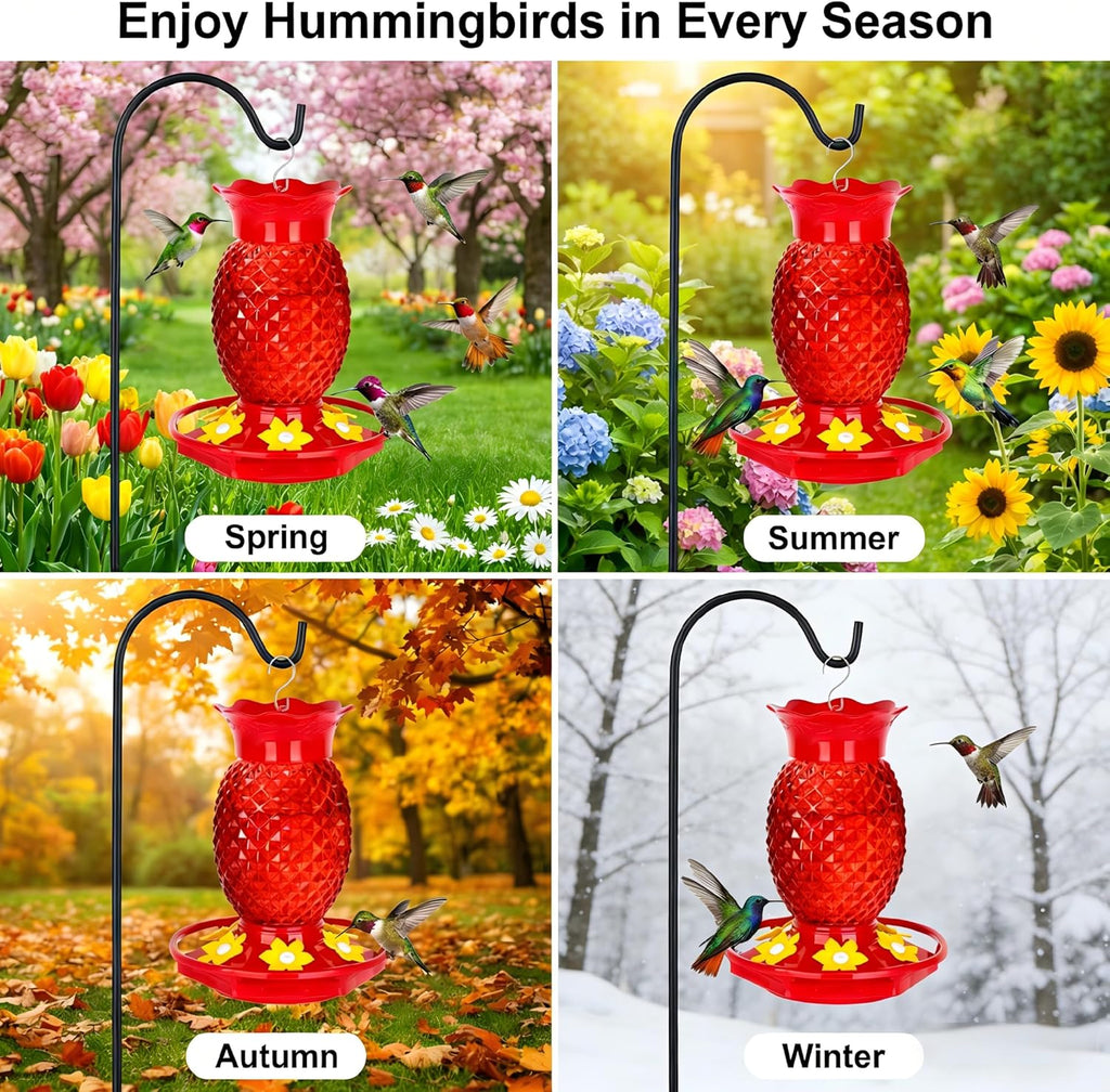 Glass Hummingbird Feeders for Outdoors Hanging 16oz 2 Pack Red Pineapple Bee & Ant Proof 360°Perch Leakproof Easy