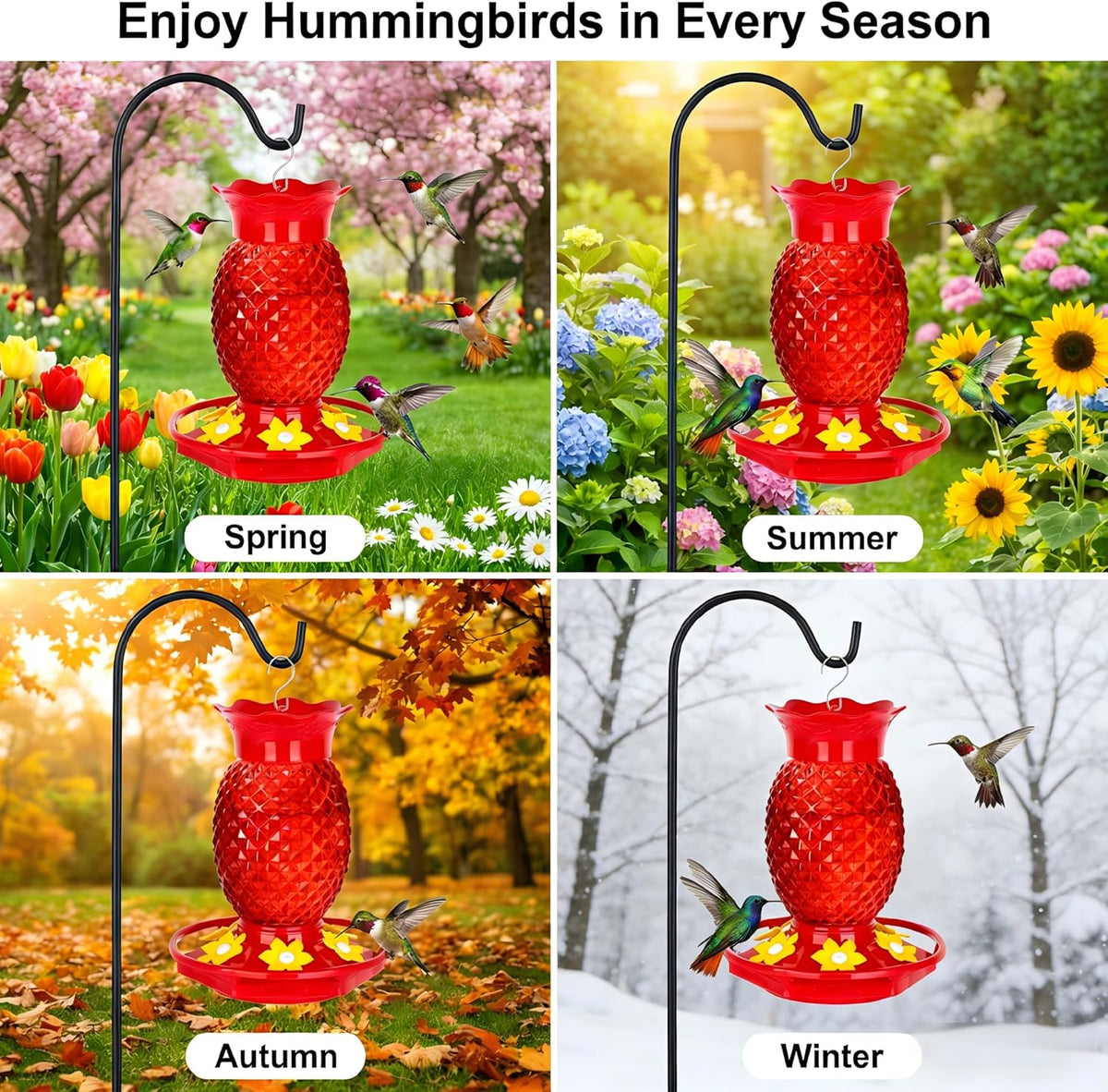 Glass Hummingbird Feeders for Outdoors Hanging 16oz 2 Pack Red Pineapple Bee & Ant Proof 360°Perch Leakproof Easy