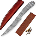 Damascus Steel Fillet Knife Making Kit – DIY Handmade Blank Blade with Rosewood Handle Scales, Brass Pins & Leather