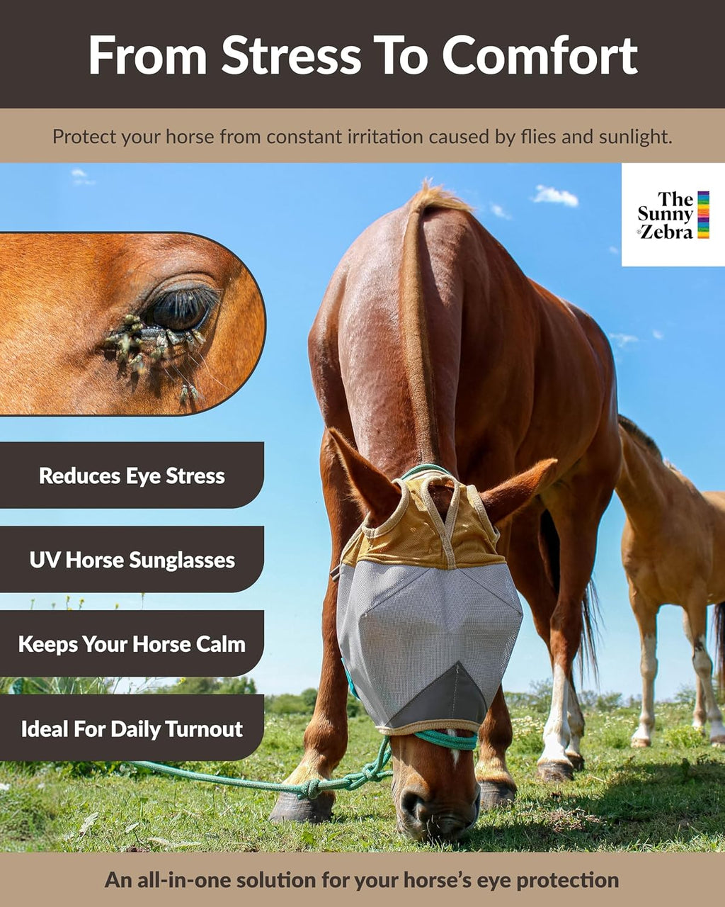 TSZ Horse Fly Mask Standard No Ears UV Block 70% Breathable Mesh Flymask