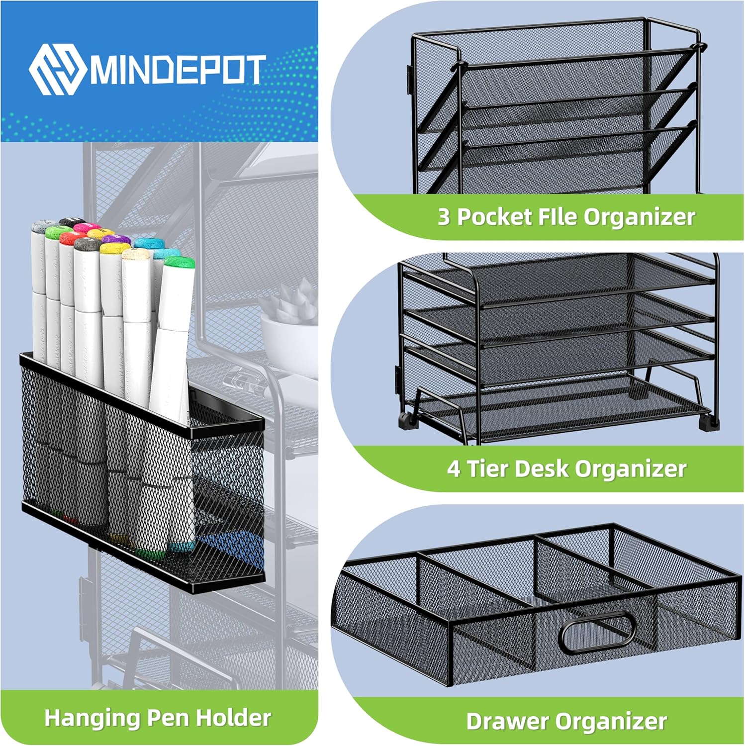 4-Tier Paper Organizer + 3-Pocket File Holder + Drawer + Pen Holders, Desktop File Organizers Paper Tray for Office