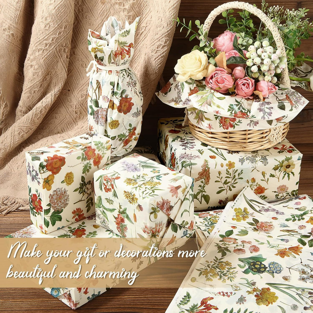 100 Sheets Vintage Floral Tissue Paper, Wildflowers, 20 x 14 Inch