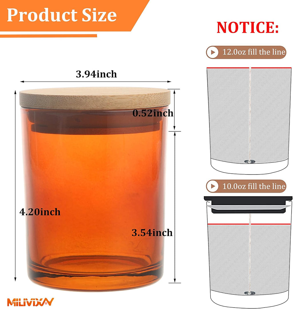 12 Pack 12 OZ Amber Glass Candle Jars with Lids and Candle Making Kits - Bulk Empty Candle Jars for Making Candles