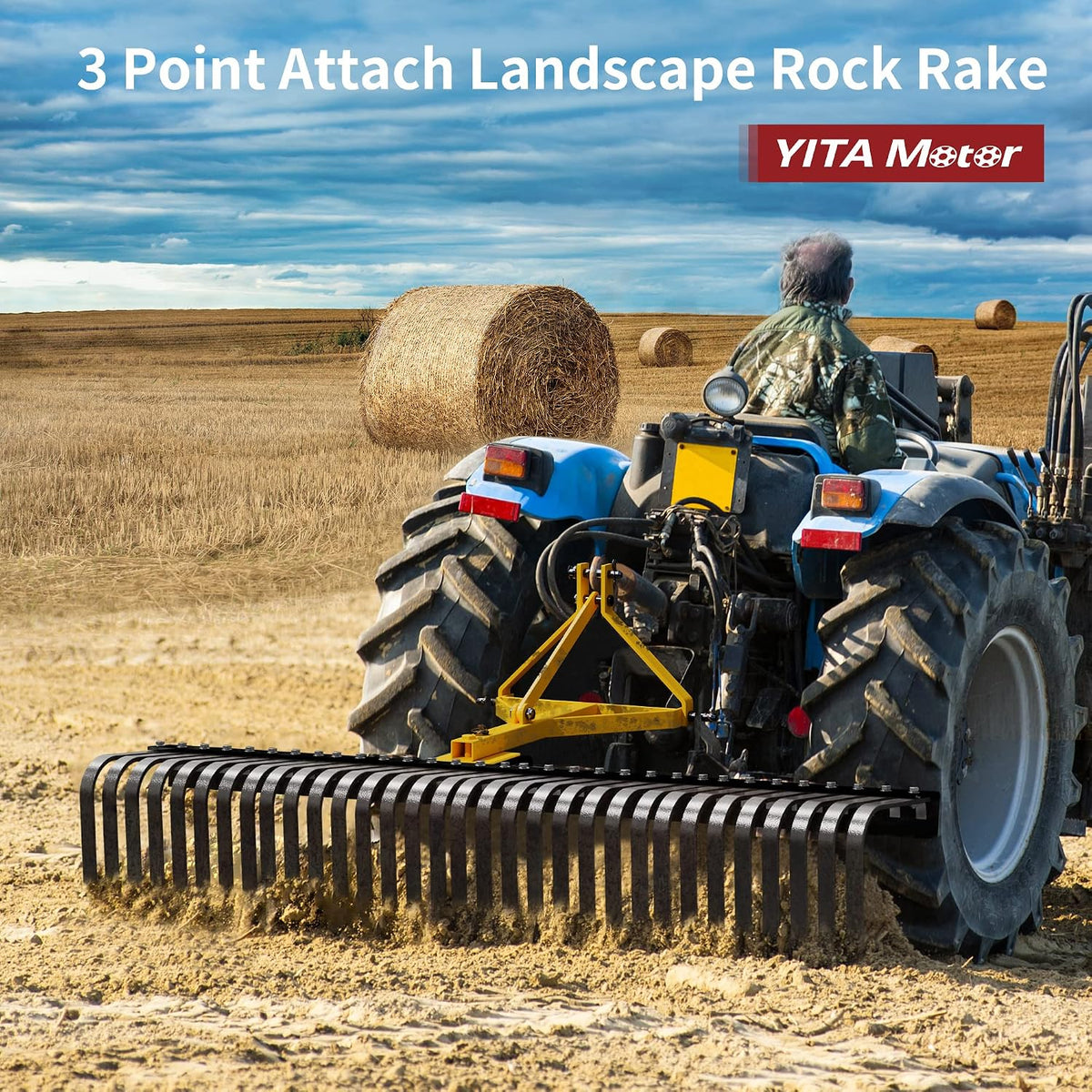 3 Point Landscape Rock Rake for CAT 1, 5 FT Attach Tractor Rake | 32 Heavy Duty Steel Tines, 360 Degree Rotation