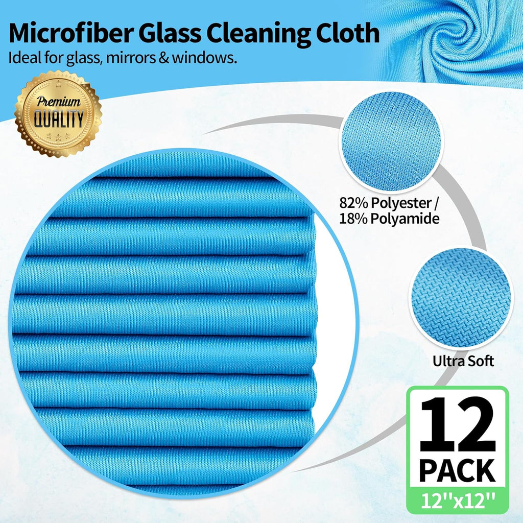 Microfiber Glass Cleaning Cloth, 12 Pack Window Glass Cleaning Rags, Reusable Lint-Free Streak Free Polishing Cloth
