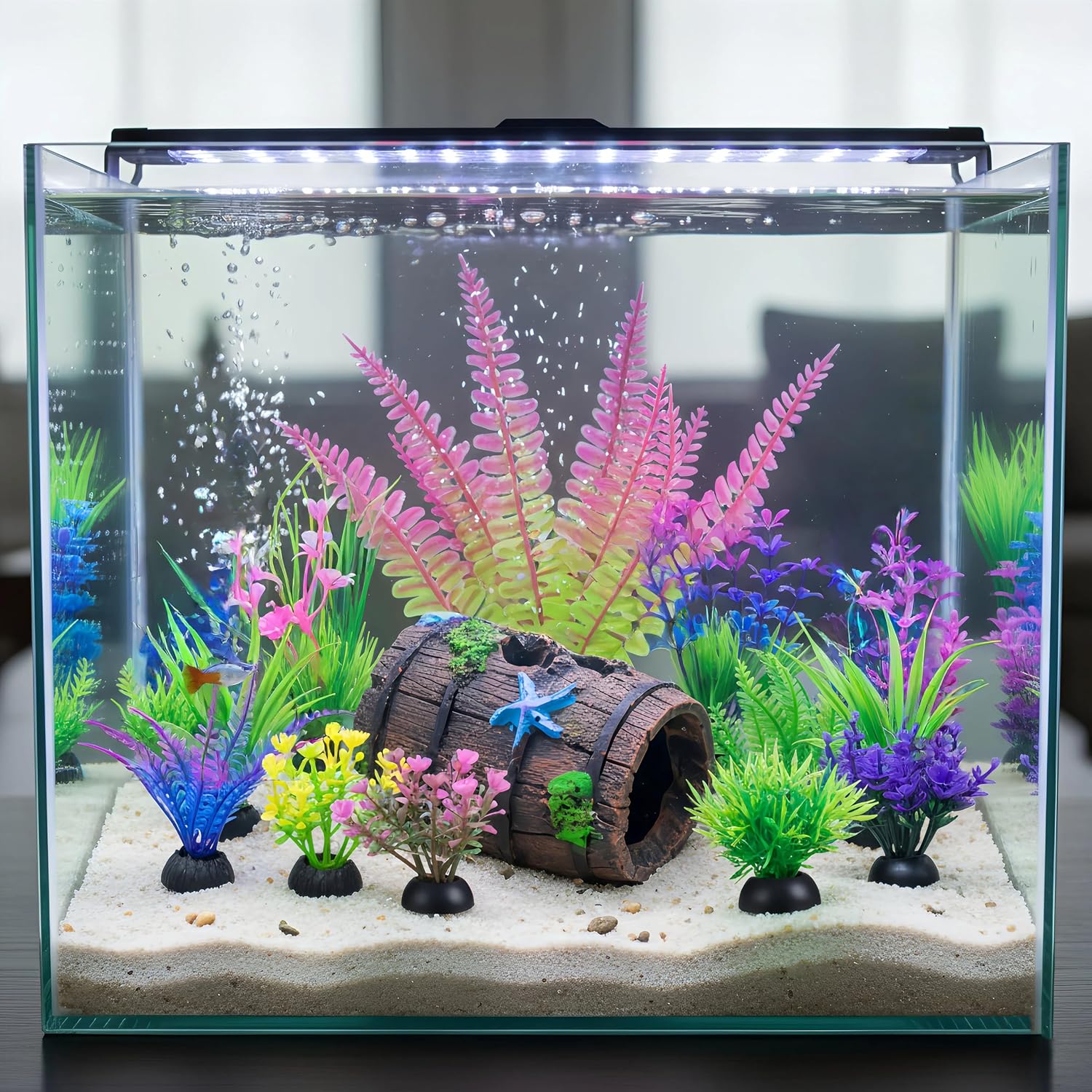11 Aquarium Plants & Fish Tank Broken Barrel Cave Decorations Set | Broken Barrel Cave and Soft Artificial Plastic