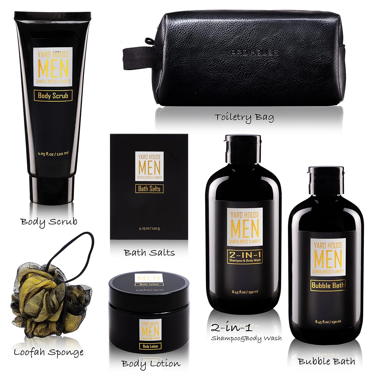 Bath and Body Spa Gift Baskets Set for Men - Sandalwood Amber - 7Pc Full Size Spa Kit in Toiletry Bag - Fathers Day