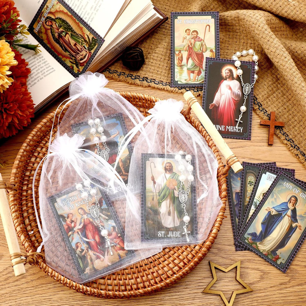 10 Set Catholic Gifts Set White Religious Catholic Hanging Pendant and Prayer Card Saints Prayer Bead Rosary Beads
