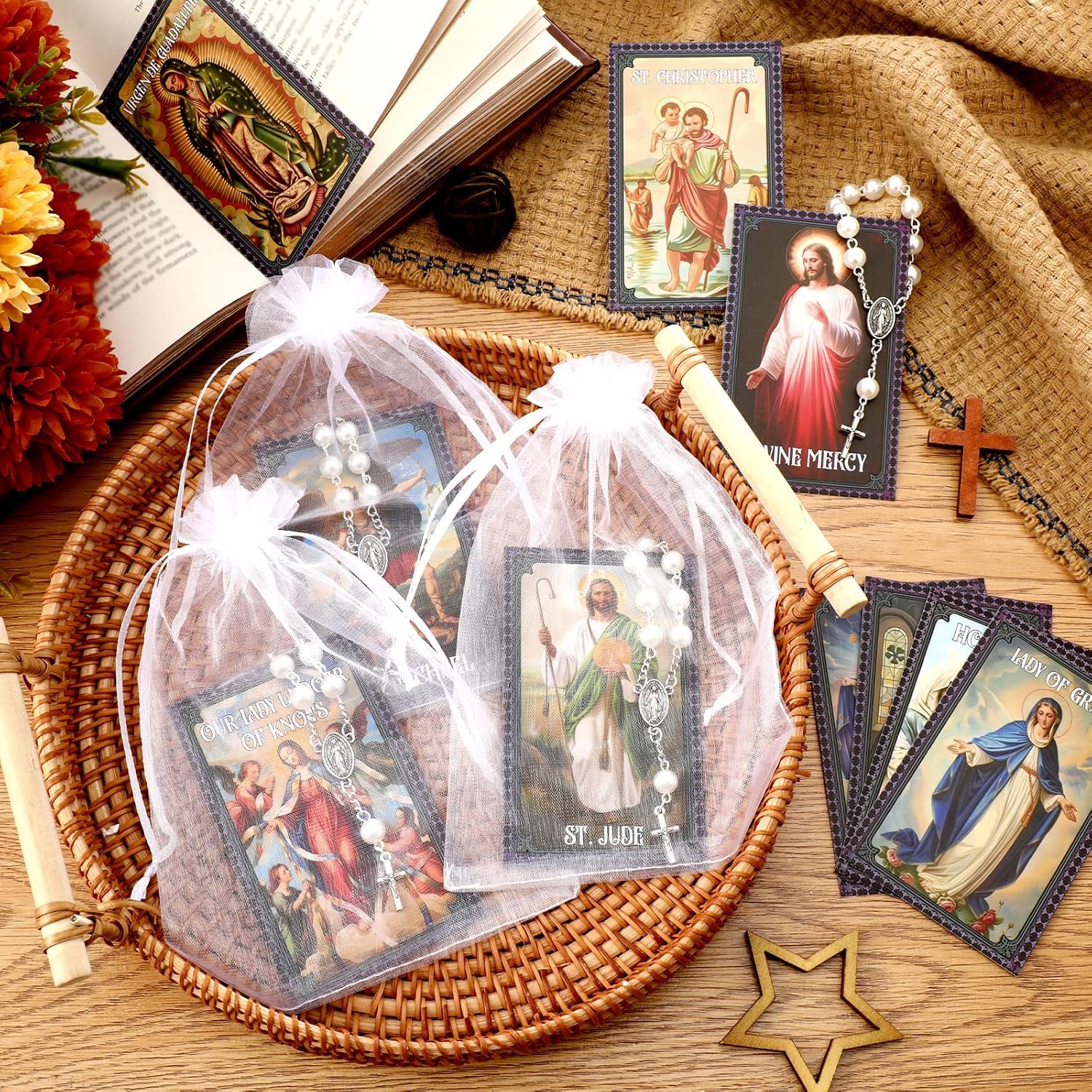 10 Set Catholic Gifts Set White Religious Catholic Hanging Pendant and Prayer Card Saints Prayer Bead Rosary Beads