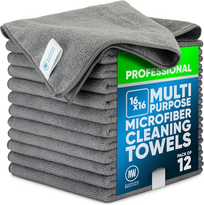 MW Pro Microfiber Cleaning Cloth | Gray | 12 Pack | 16” x 16” | All Purpose Microfiber Towels - Clean, Dust, Polish