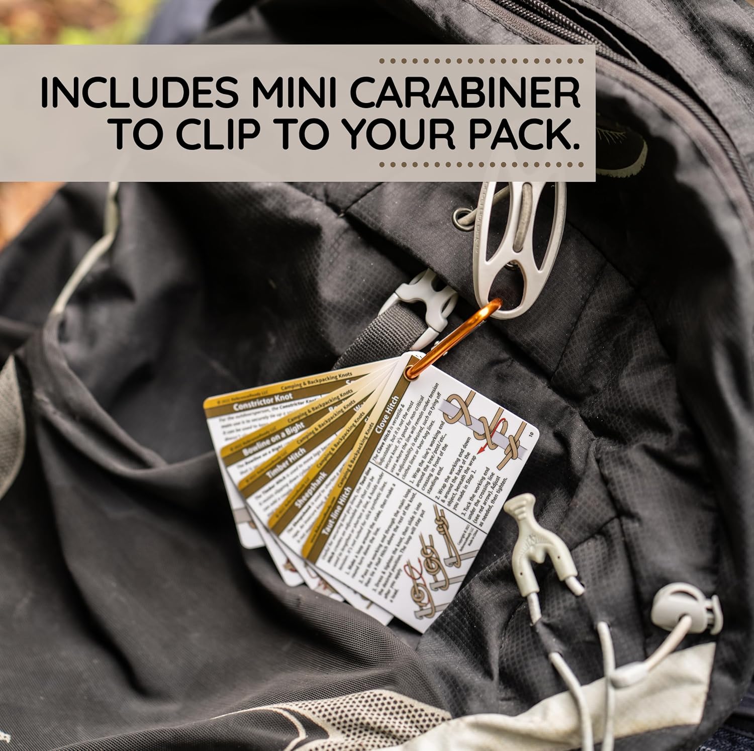 Outdoor Knot Cards: 22 Knots – Camping, Backpacking, Scouts | Waterproof pocket guide with mini carabiner for
