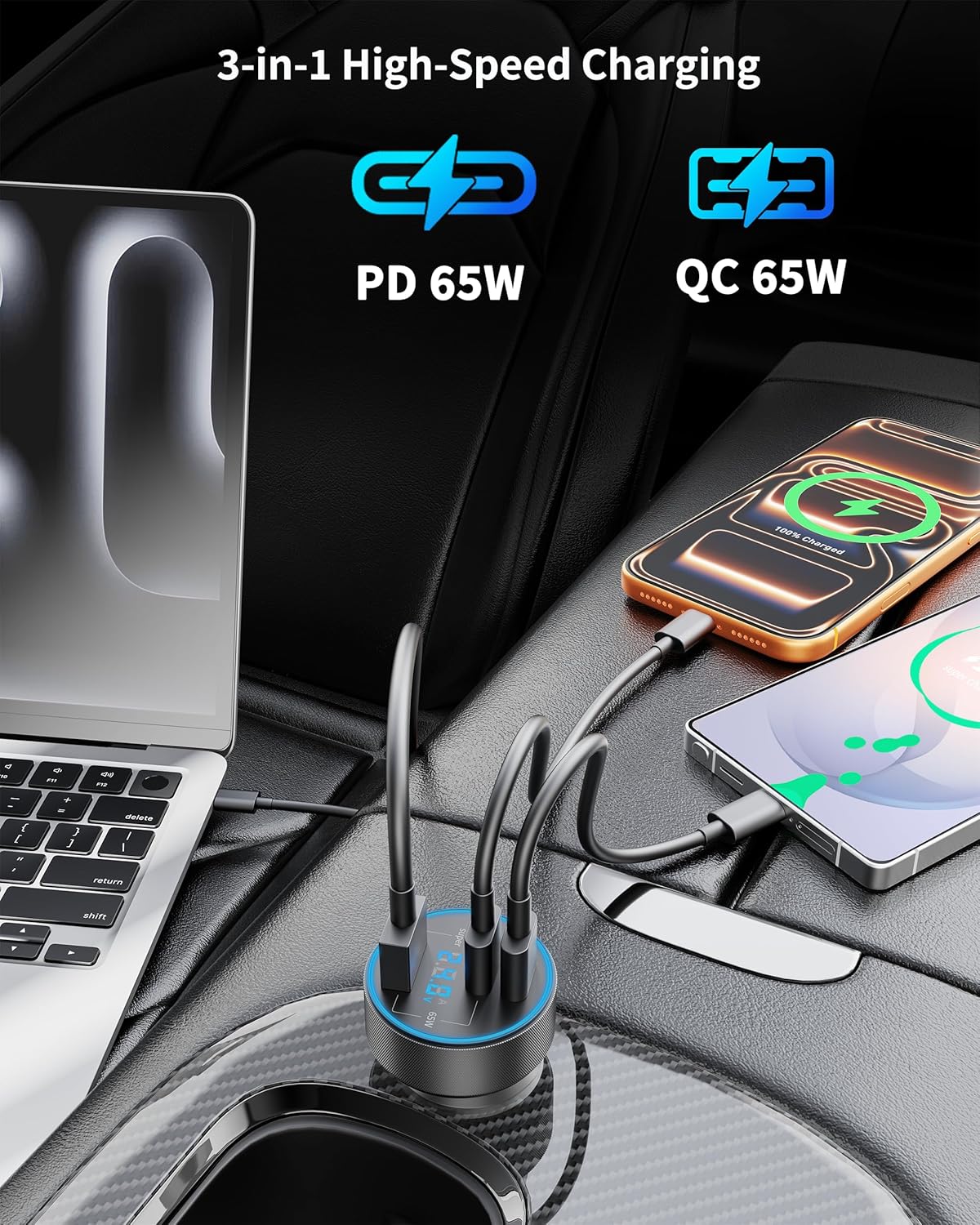 Car Charger USB C, 3-Port 130W Super Fast Car Phone Cigarette Lighter USB Charger, 12-24V USB Outlet Type C Car
