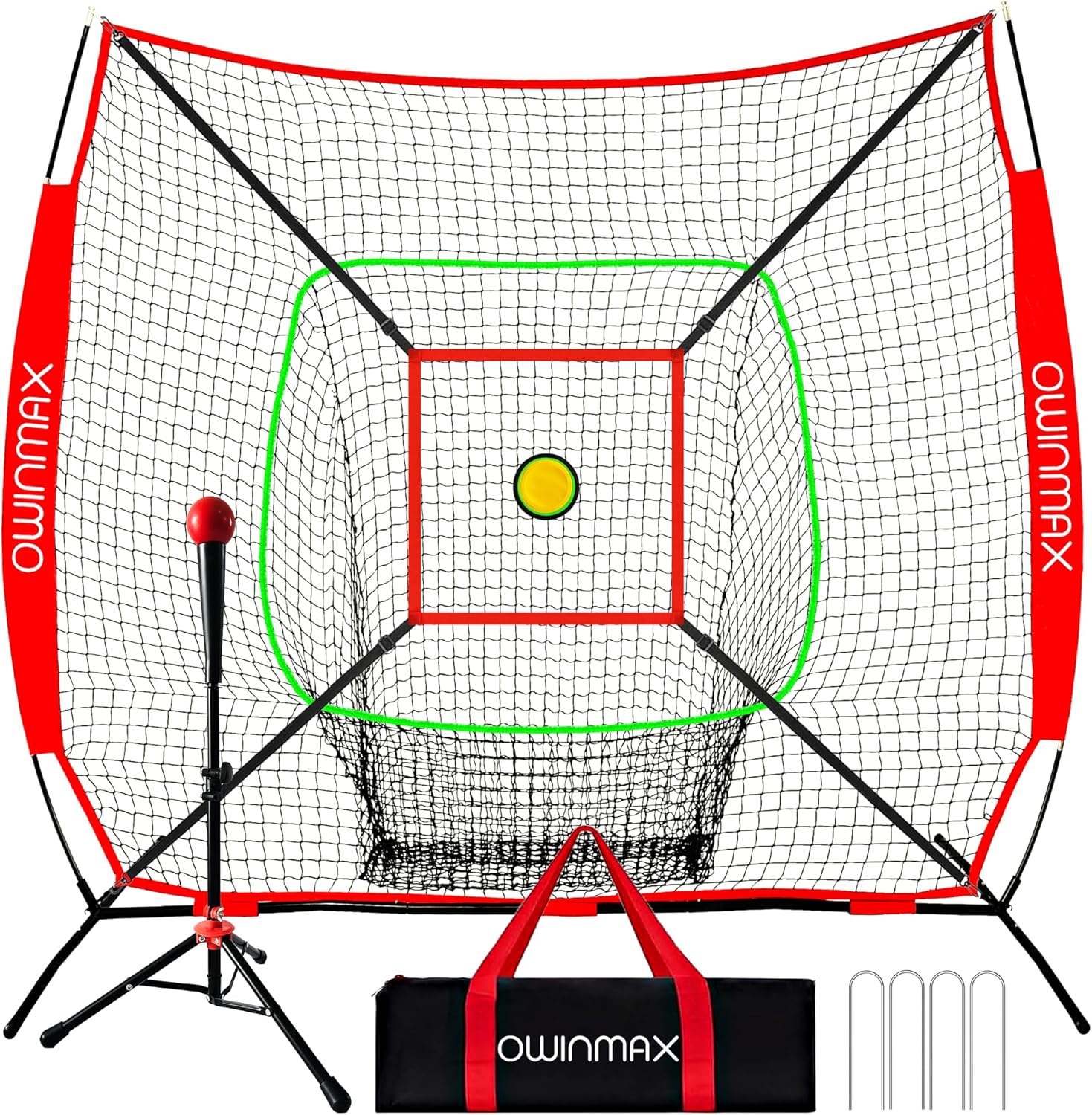 7x7 FT Baseball Net, Baseball & Softball Training net with Batting Tee, Strike Zone & Circular Target and Weighted