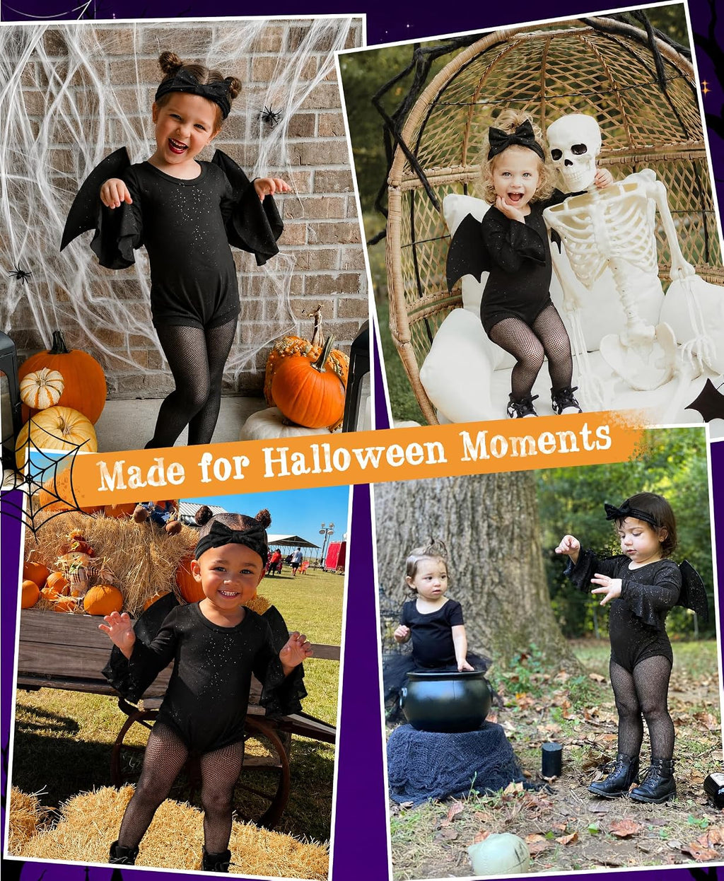 Halloween Baby Bat Costume for Toddler Girl Kids Halloween Party Outfit | Sparkling Romper with Bat wings, Bow