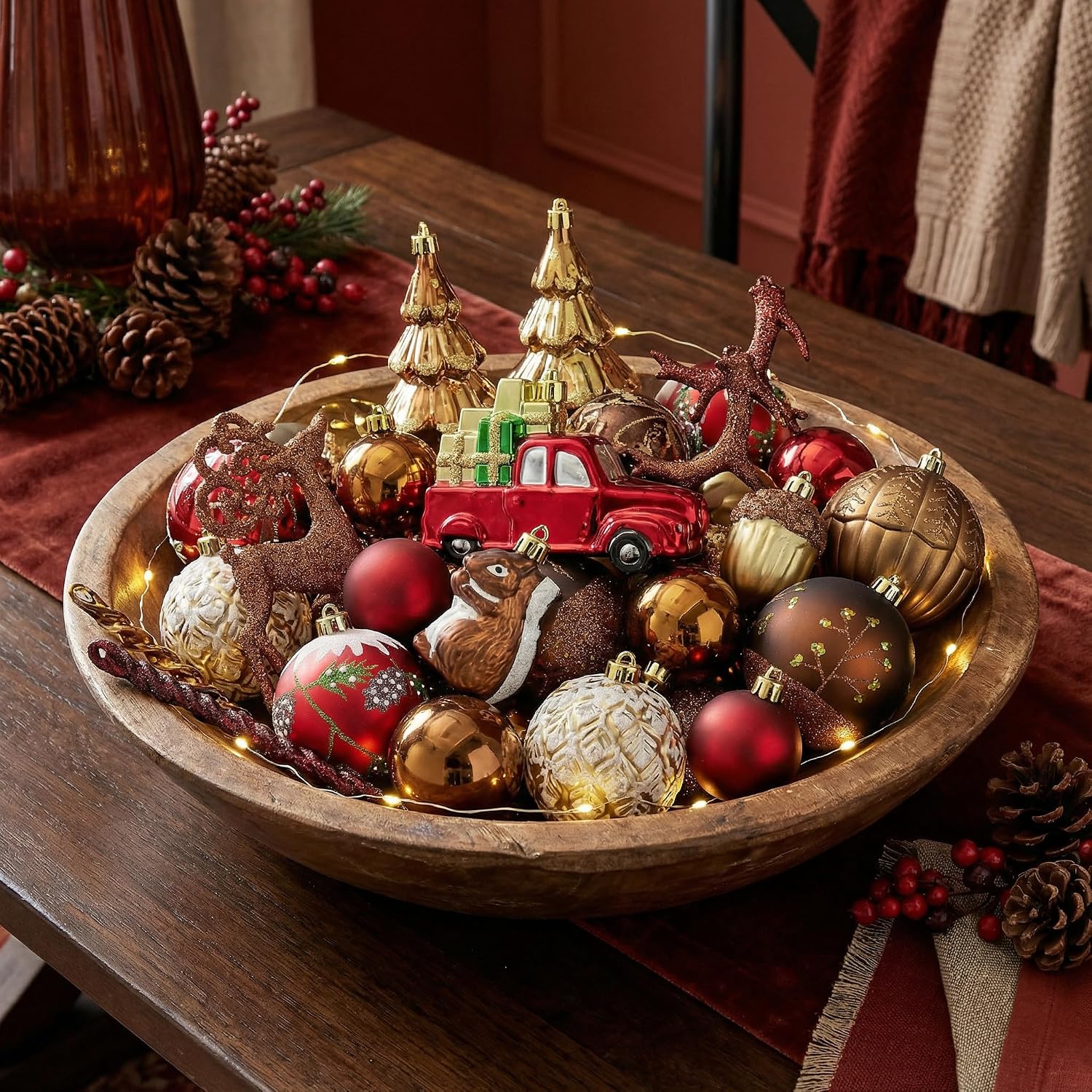 Christmas Ornaments Set, 60ct Red and Brown Shatterproof Christmas Tree Decorations, Woodland Hanging Ball Ornaments