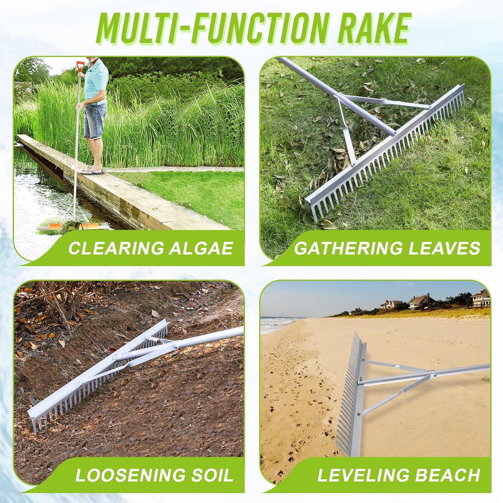 Floating Weed Lake Rake, 36 Inch Widths Pond Rake Aquatic Weed Rake, 133 Inch Extensible Multifunctional Folding