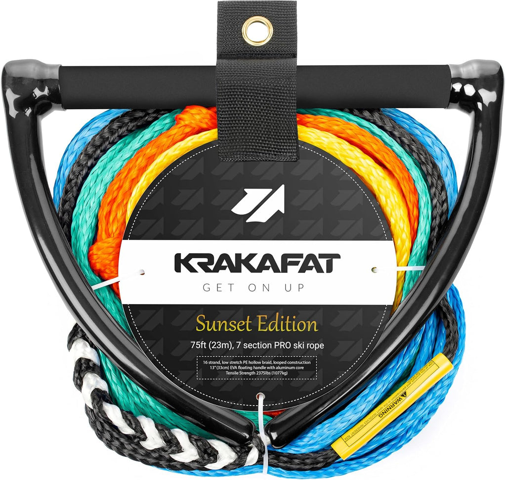 75ft Water Ski Rope, Wakeboard Rope - 13" Floating Handle with NEW Superior No-Peel Seamless EVA Grip - 7 Sections