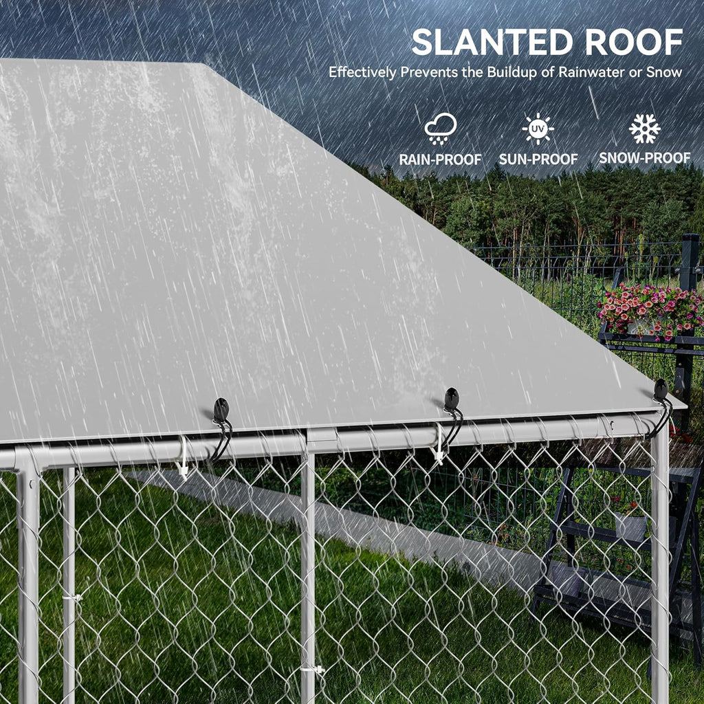 10'x10' Outdoor Dog Enclosure with Metal Dog Gate, Dog Kennel Outside with Roof, Dog Fence Outdoor for Yard