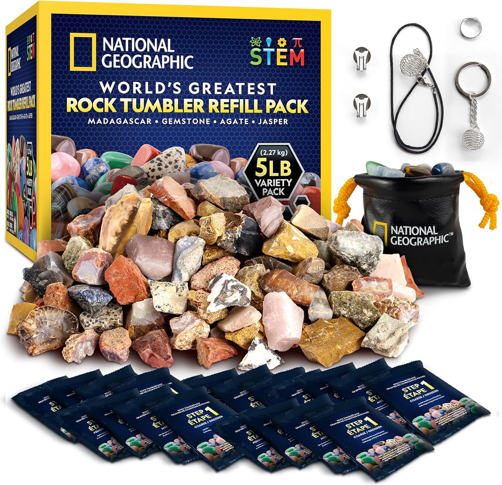 National Geographic Rock Tumbler Refill Kit with 5 Lbs. Rough Rocks | 5 Lbs. Rough Rocks and Gemstones, 4-Stage Grit