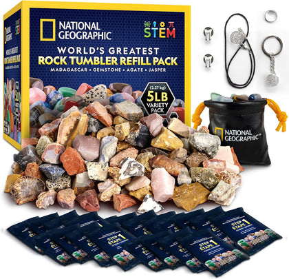 National Geographic Rock Tumbler Refill Kit with 5 Lbs. Rough Rocks | 5 Lbs. Rough Rocks and Gemstones, 4-Stage Grit