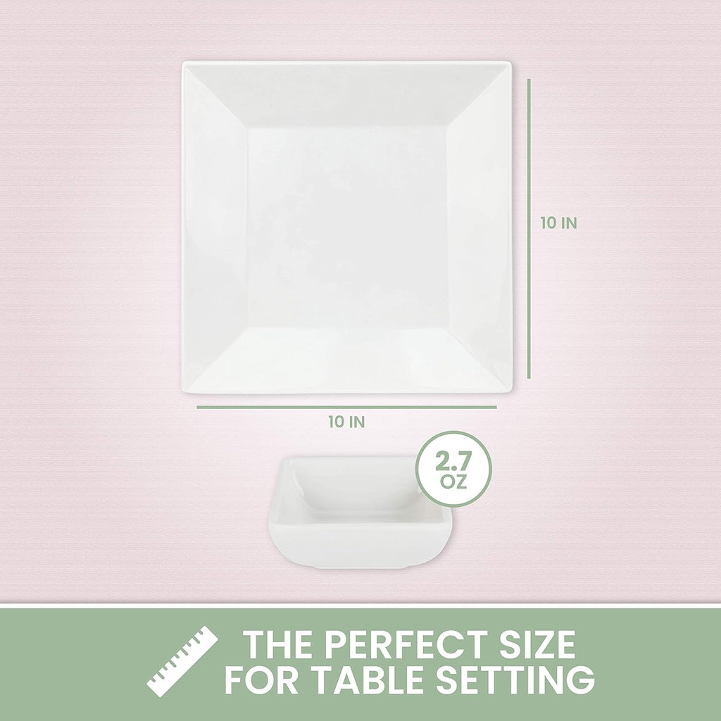 [4 Pack 10" x 10" White Square Melamine Plates, Unbreakable Elegant Dinnerware Set With Sauce Dish
