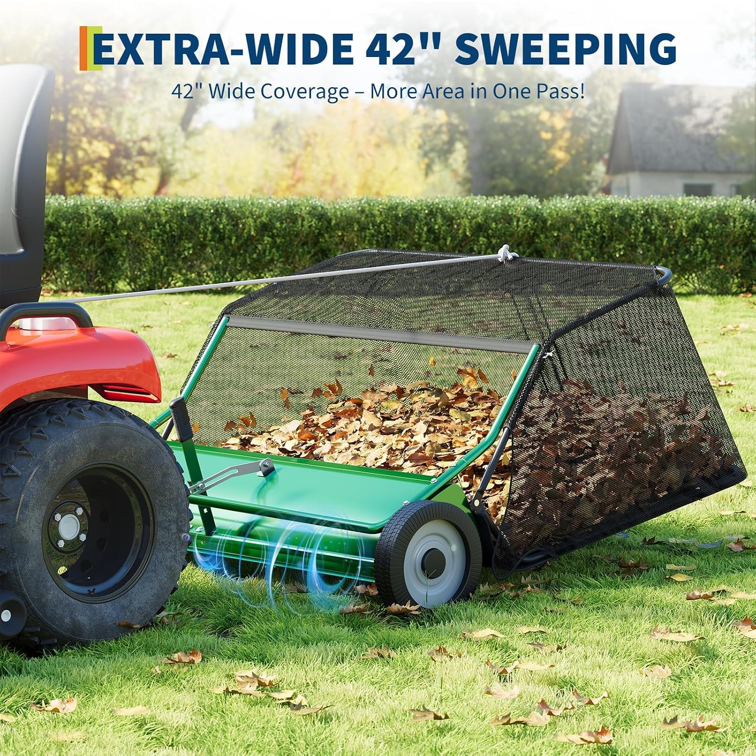 42" Tow Behind Lawn Sweeper, Pull Behind Leaf & Grass Collector for Tractor