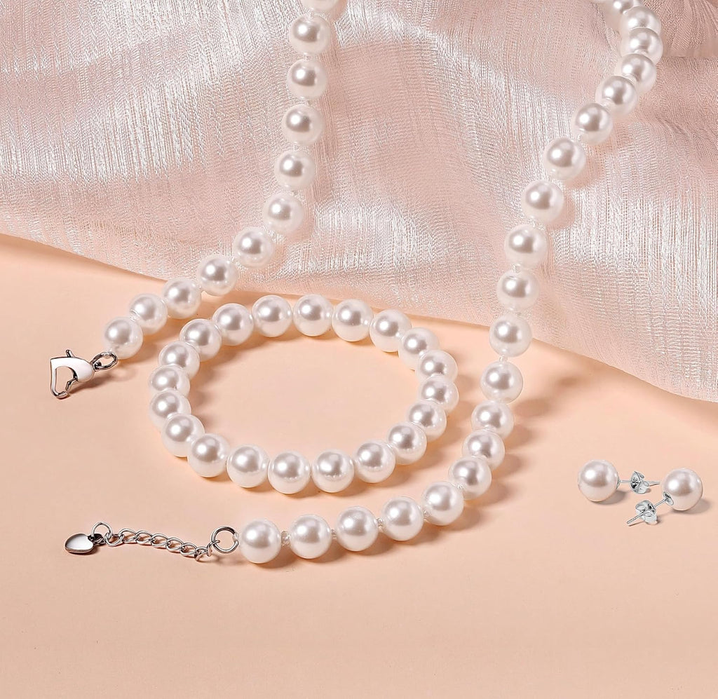 Pearl Necklace Set for Women and Girls, 8mm Glass Faux Pearl Includes Bracelet & Stud Earrings, 3-Piece Costume