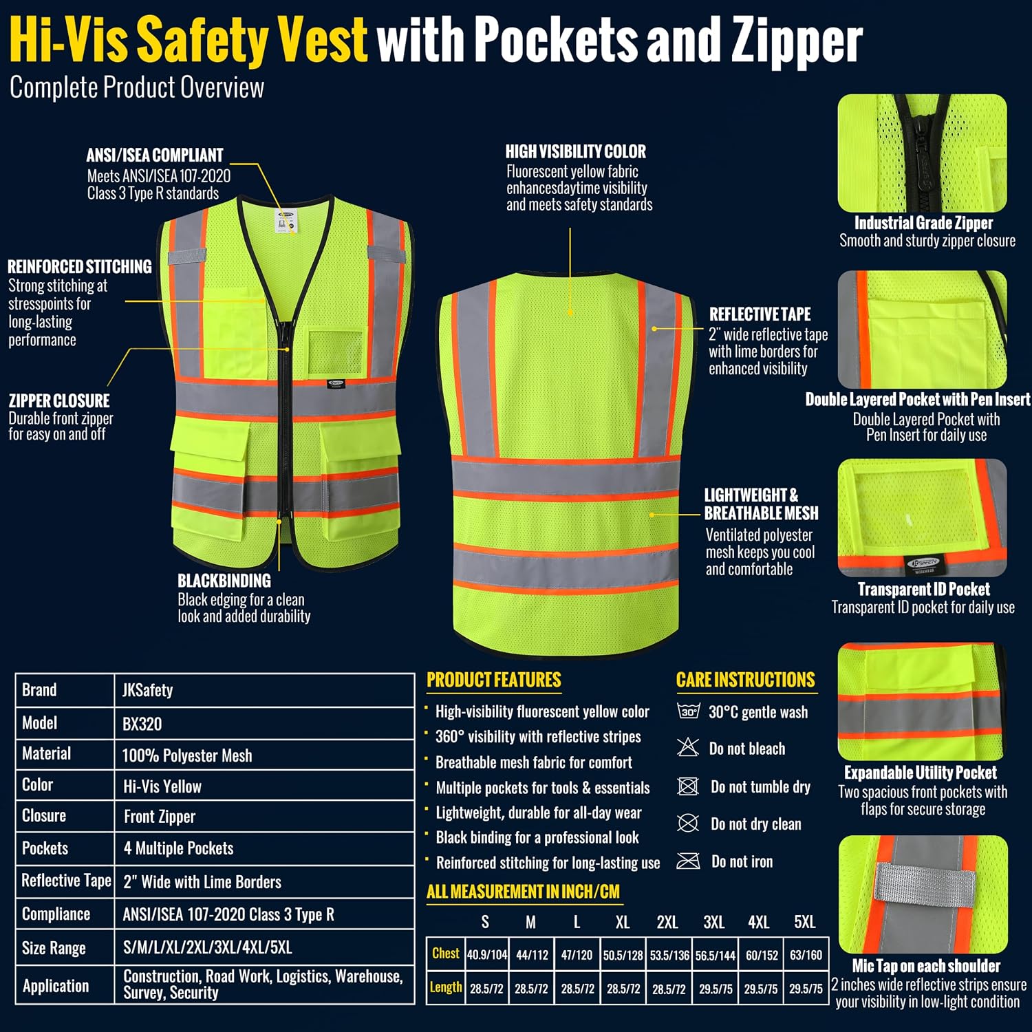 Safety Vest for men women Hi Vis Vest with Pockets and Zipper High Visibility Reflective Vests BX320