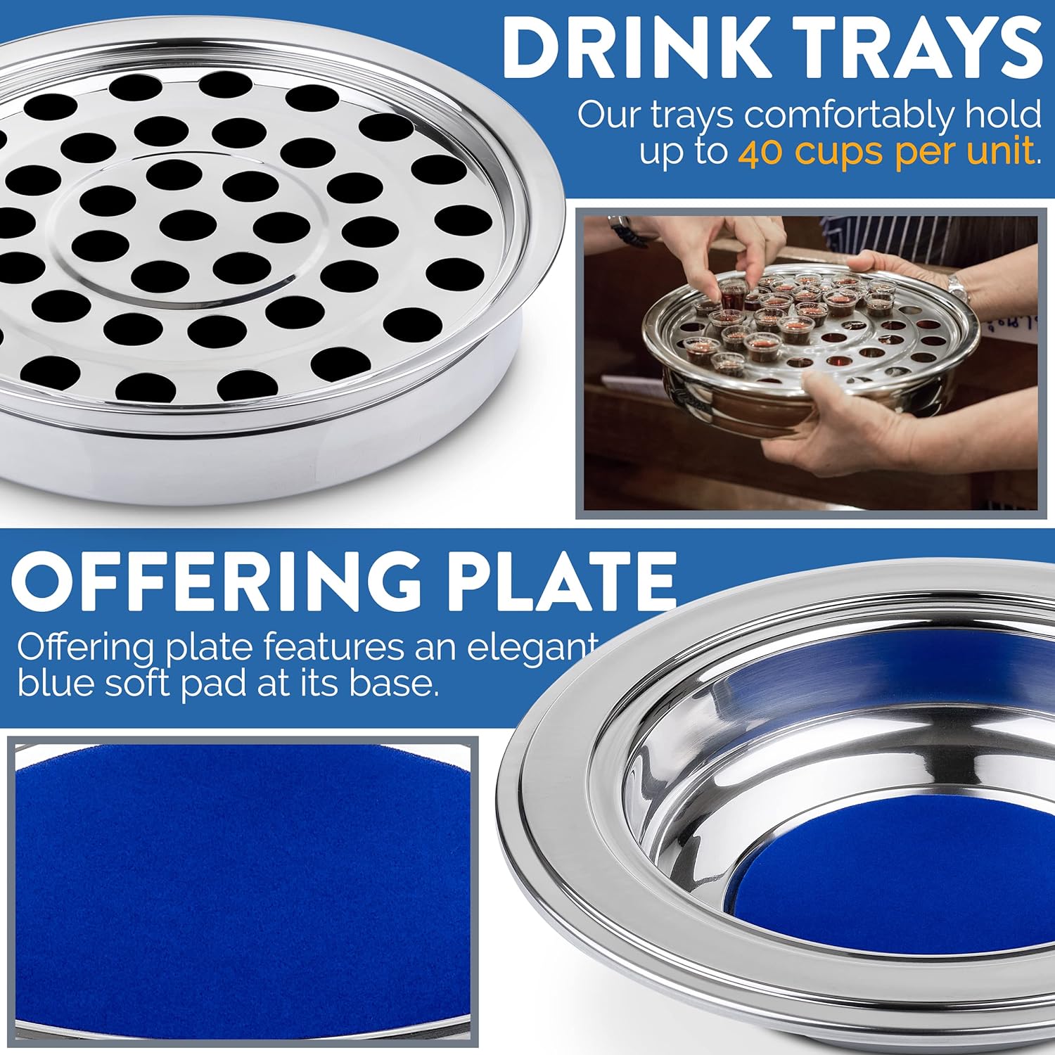 (Cup Tray) Silver Premium Communion Trays for Churches | Stainless Steel Communion Set, Supplies | 40 Cup Tray |