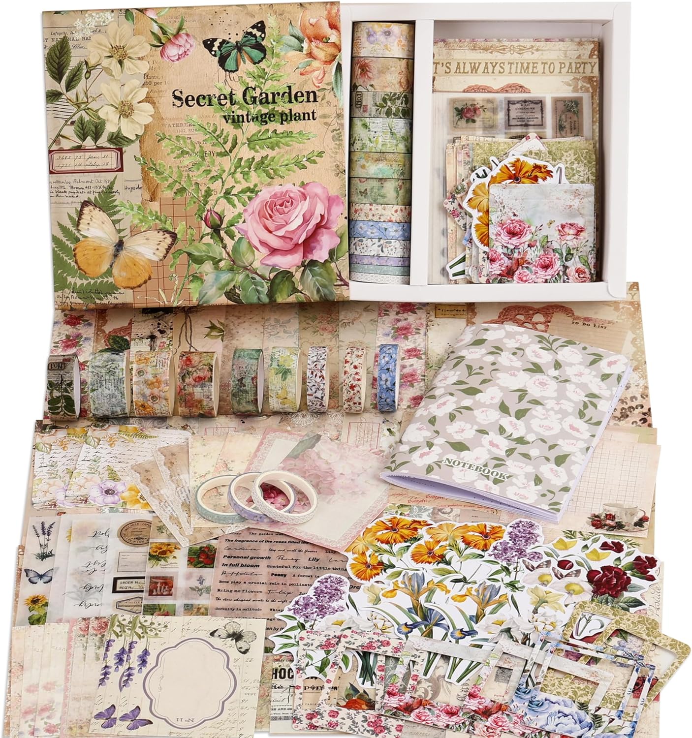 Vintage Botanical Scrapbooking Supplies Kit, Aesthetic Flower Scrapbook Kit for Bullet Junk Journal, 12 Rolls Washi