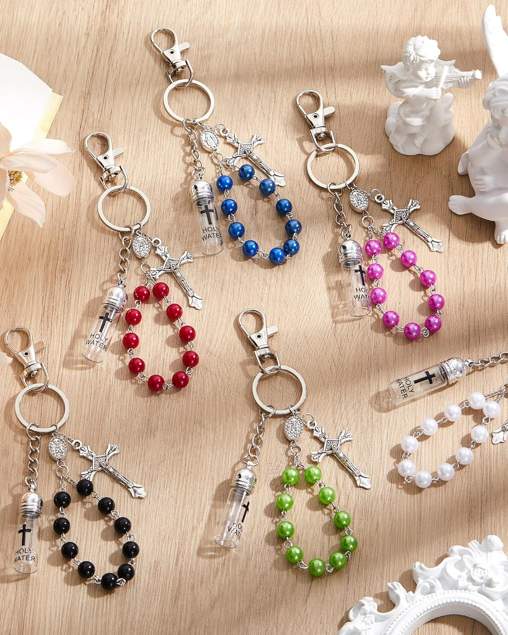 6 Set Holy Water Container Keychain with Rosary Bead, Crucifix, Organza Bags, Eye Dropper, Gift Bulk for Easter