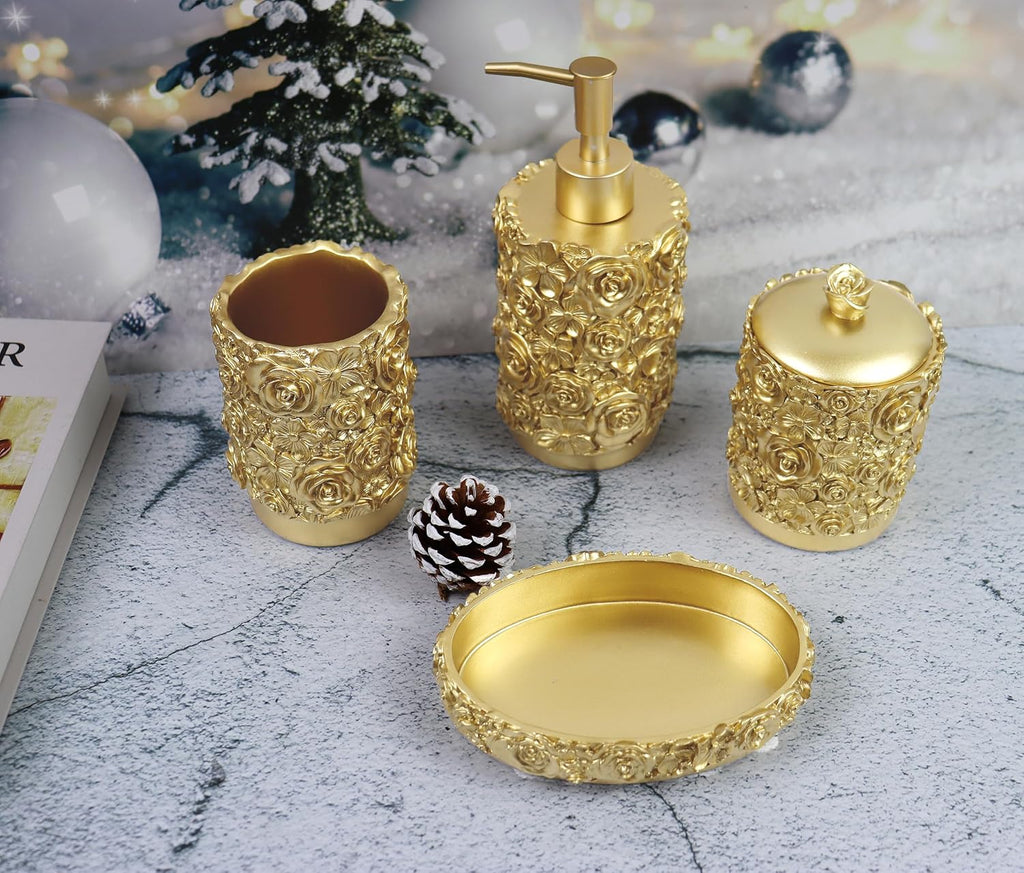 Gold Bathroom Accessories Set,Rose Design Bathroom Set,Farmhouse Bathroom Decor,4 Pcs Resin Gift Set Apartment