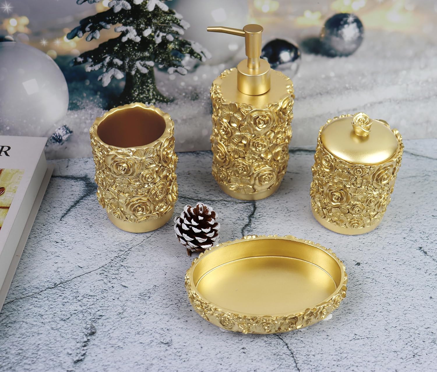 Gold Bathroom Accessories Set,Rose Design Bathroom Set,Farmhouse Bathroom Decor,4 Pcs Resin Gift Set Apartment