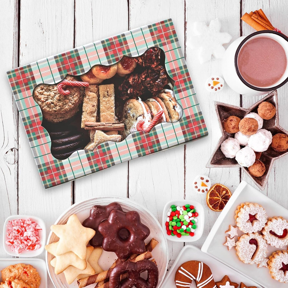 Christmas Cookie Boxes - 12 Pack - Tartan Plaid Bakery Gift Box with Window