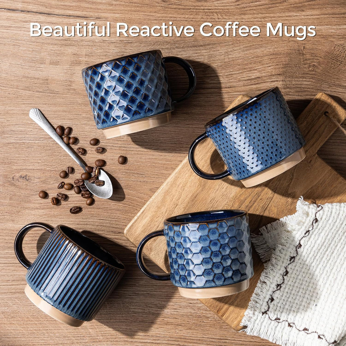 12oz Stackable Coffee Mugs with Stand, Ceramic Coffee Cups Set of 4